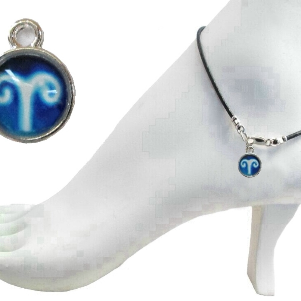Black Leather Anklet ~  Aries Zodiac Charm